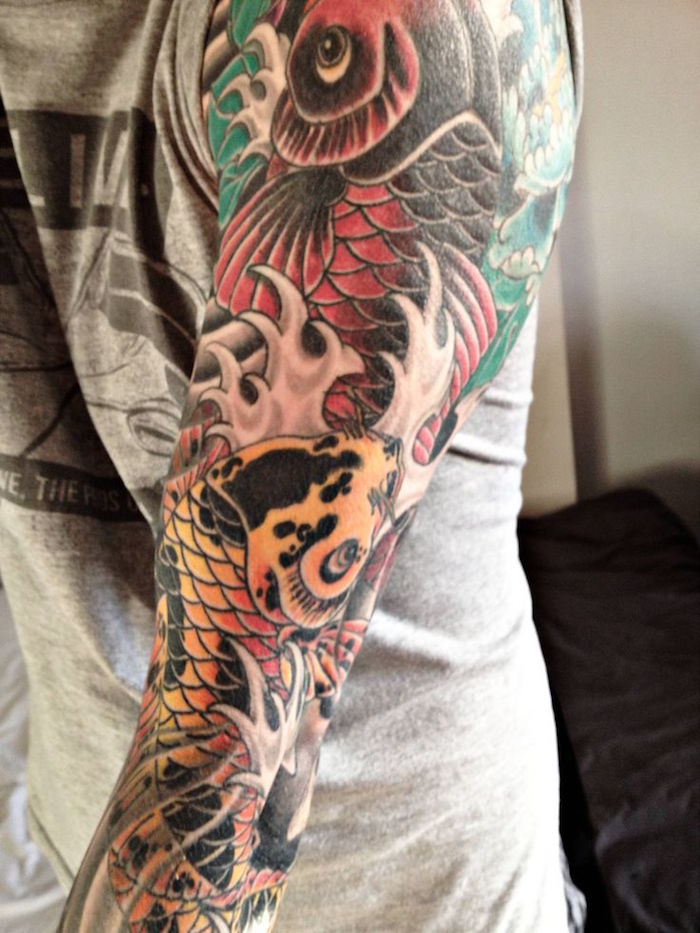 tatouage japonais bras entier symboles carpe koi