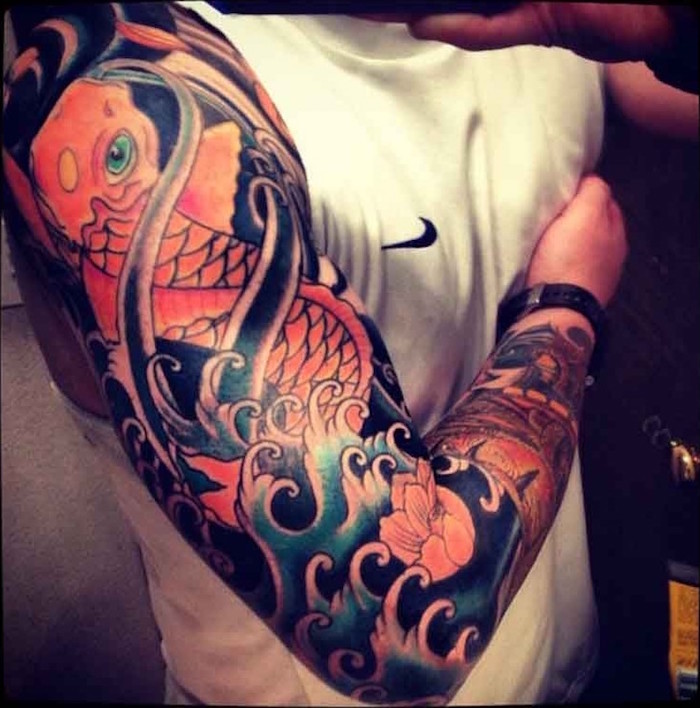 tattoo manchette japonaise bras entier tatouage carpe chinoise koi pieuvre