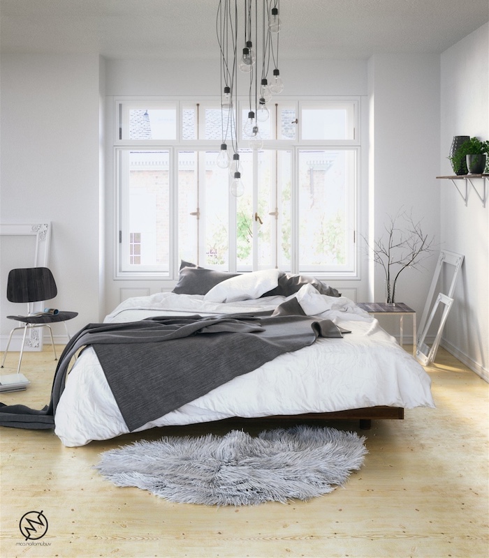 deco chambre cocooning avec linge de lit gris et blanc, parquet clair, suspension en ampoules électriques, cadres blancs, tapis de fourrure gris