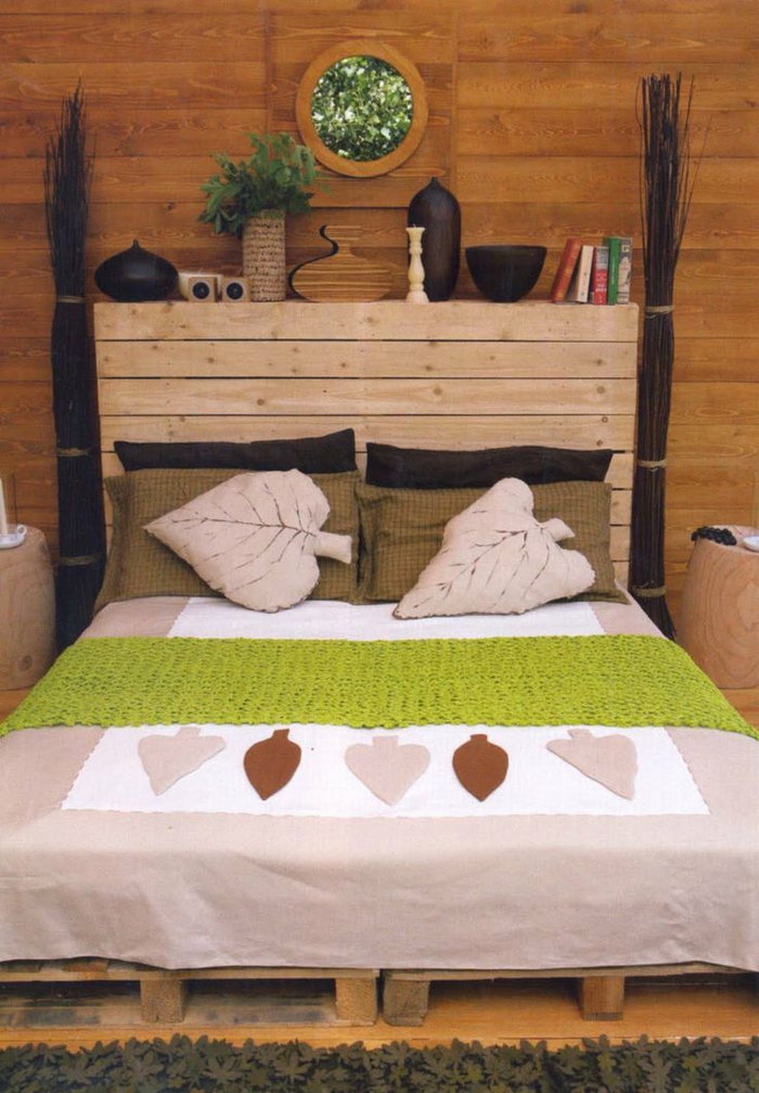 chambre à coucher esprit cabane en bois naturel, tete de lit a faire soi meme 