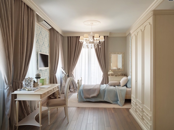 meubles chambre beige et taupe clair et turquoise