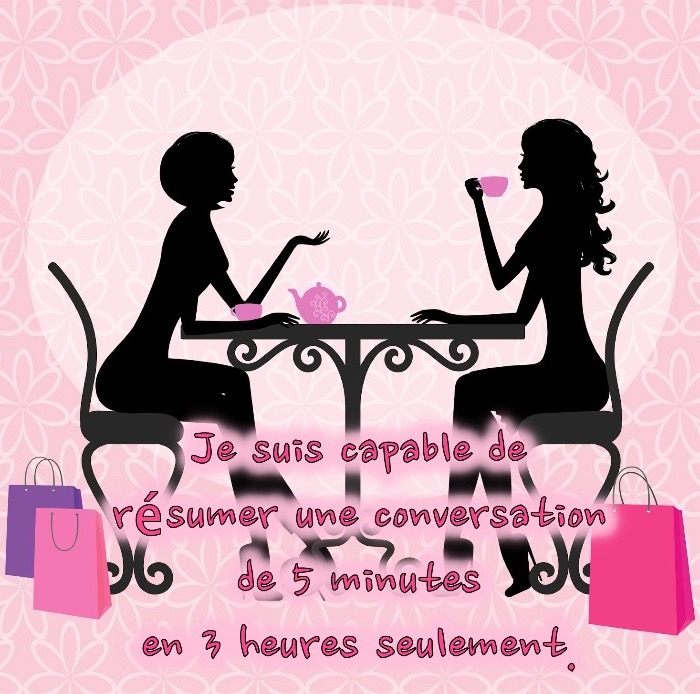 blague drole, dessin fond rosé avec silhouettes féminine, illustration conversation dans un café avec phrase drole