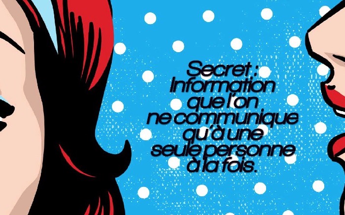 citation marrante, illustration avec visage féminin aux cheveux rouges et lettres droles sur le secret