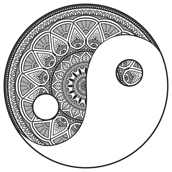 une représentation de symbole yin et yang en forme de dessin mandala noir et blanc, un coloriage zen pour adultes