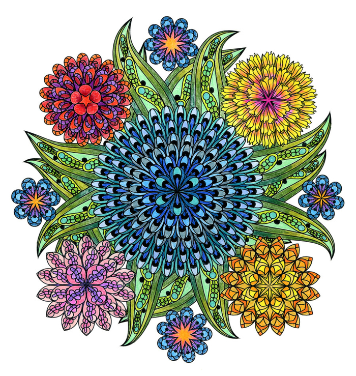 un dessin mandala au motif central fleur ornée d'autres fleurs aux couleurs différentes