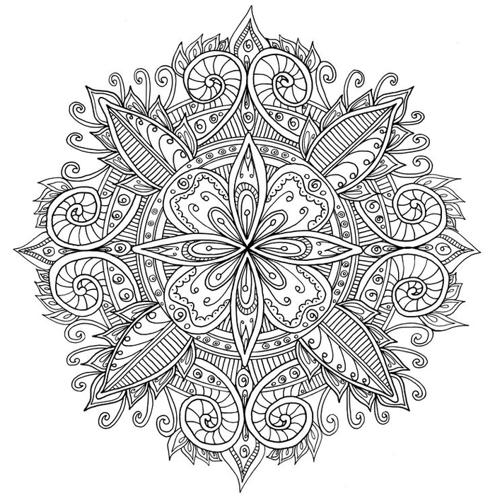 un coloriage gratuit à imprimer et à colorier en forme de mandala à motif central fleur ornée de spirales