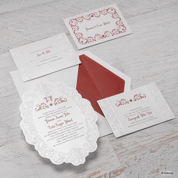 Carte invitation disney faire part mariage conte de fée idées blanc et rouge