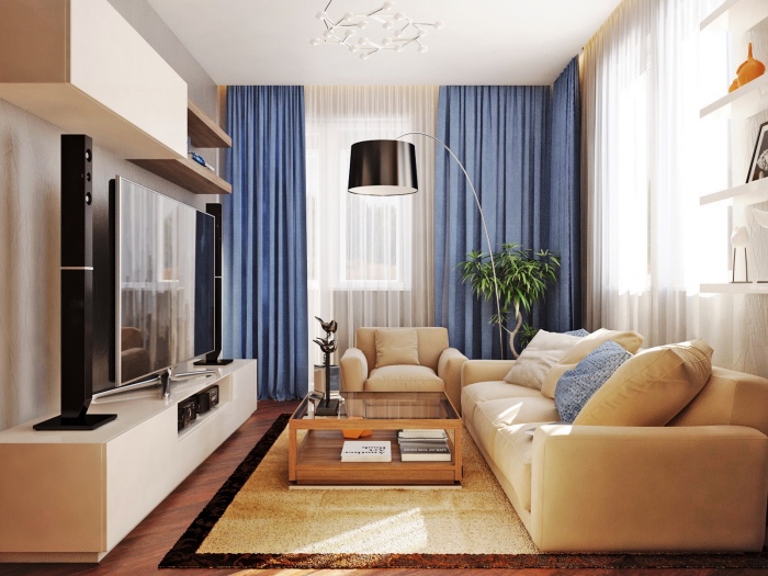 modele de salon blanc et beige avec canapé et tapis teinte fauve, rideaux, couleur mur et meuble tv blancs, rideaux bleues, lampe noire