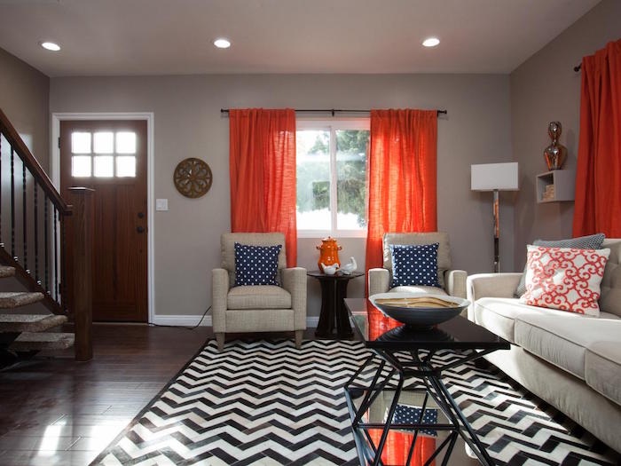 couleur taupe gris clair et orange pour salon maison