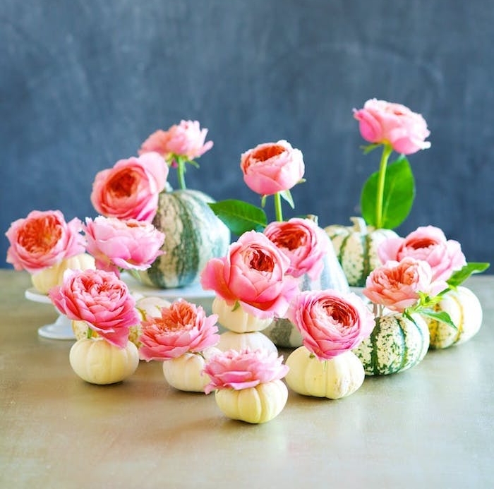 de petits vases fabriquées dans des citrouilles miniatures avec des fleurs rose dedans, bricolage automne facile
