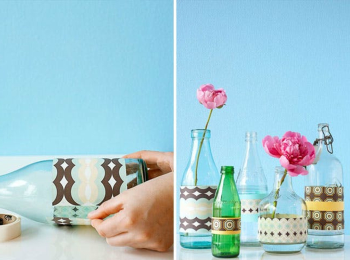 deco bouteille verre, customisé de bandes de papier décoratif à motif géométriques, comment fabriquer un vse de fleurs, idee creation deco