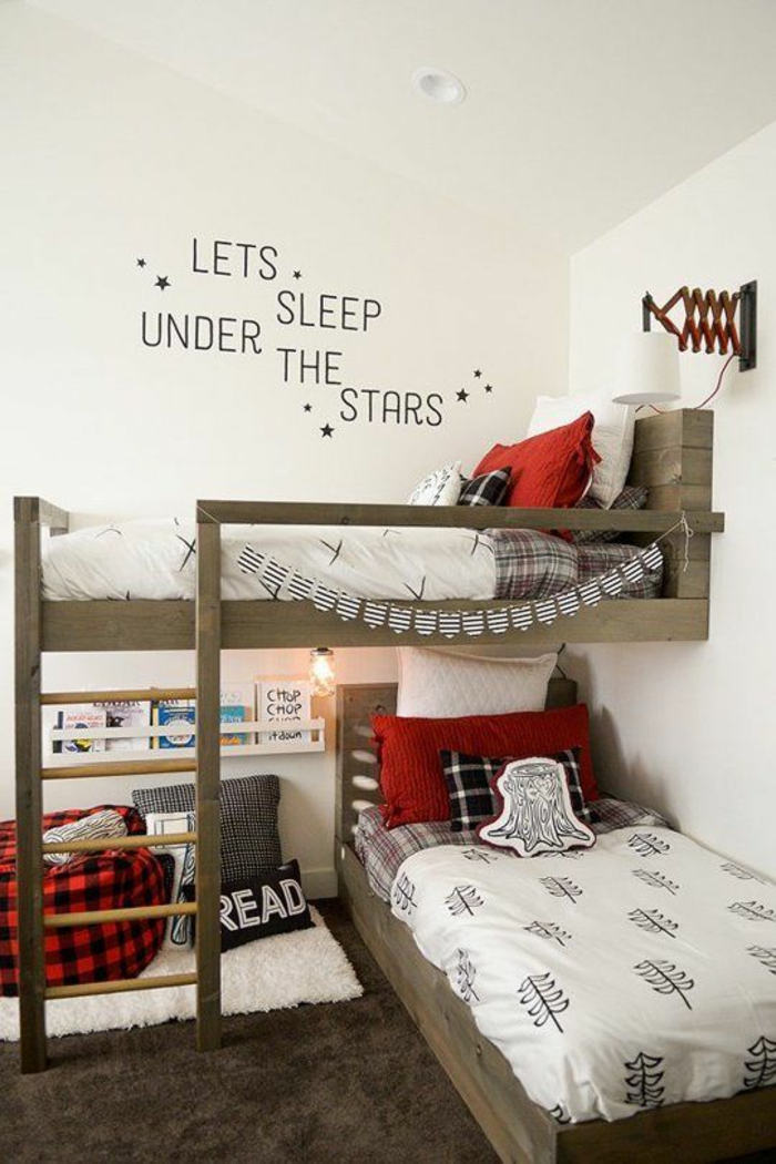chambre ado dormir sous les étoiles avec deux lits en couleur taupe avec des murs blancs