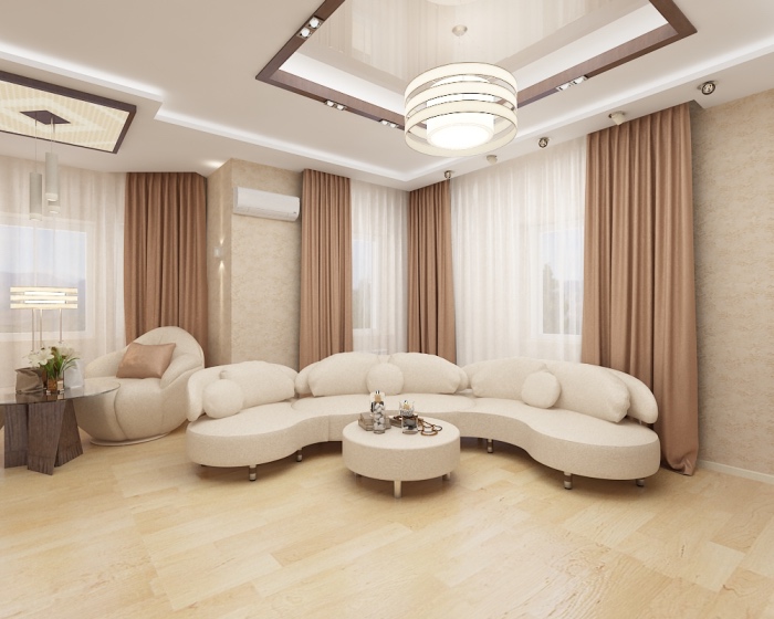 idée deco salon moderne en blanc et beige, canapé, fauteuil, table basse minimaliste, camaïeux de beiges et blancs, rideaux marrons, plafond blanc