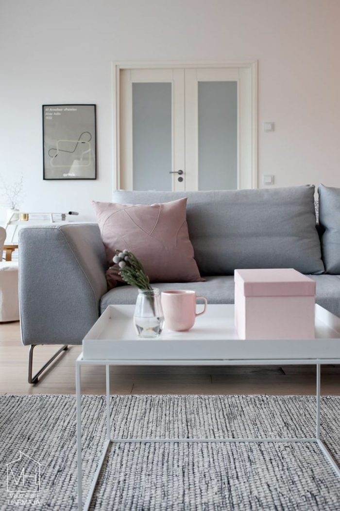 deco salon moderne, salle de séjour e, gris pâle, coussins rose, table basse rectangulaire