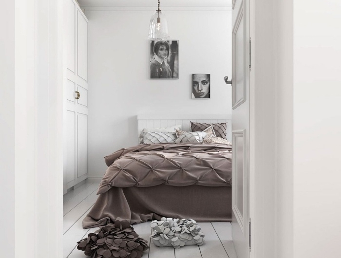 deco scandinave dans la chambre à coucher linge de lit gris marron design parquet clair maison nordique e1501853609329