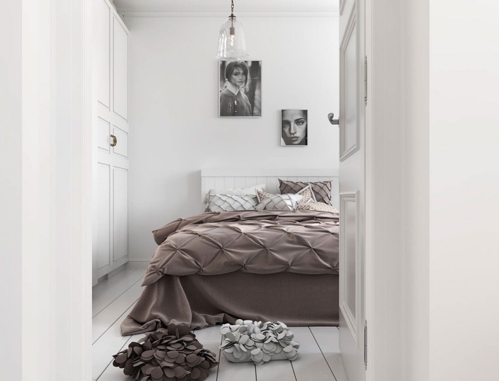 modele de chambre scandinave, linge de lit marron, lit blanc, parquet blanc, deco murale portraits graphiques