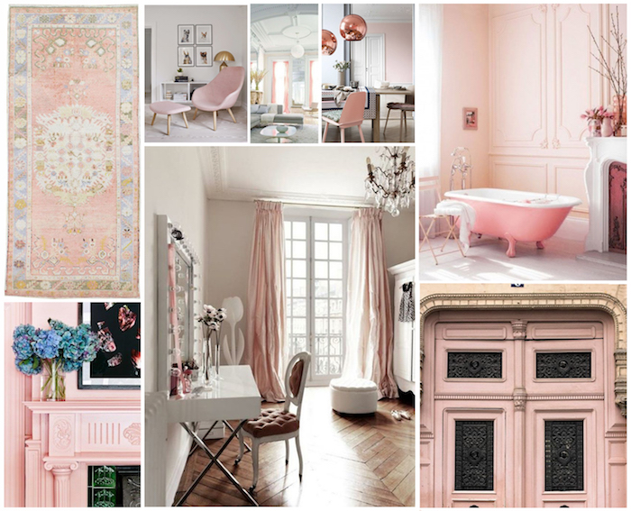 objets décoratifs en nuances pastel, pièces aux murs peints en rose pastel, revêtement de sol en bois