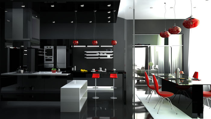 idee deco cuisine, aménagement de cuisine moderne en noir et rouge, lampes suspendues en rouge