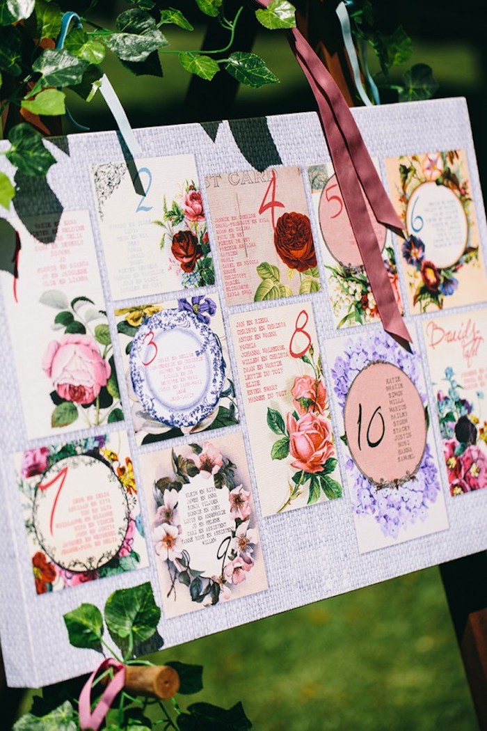 plan de table mariage a imprimer, petites listes à imprimé fleuri avec nombres et décoration de fleurs, cadre naturel, mariage en plein air