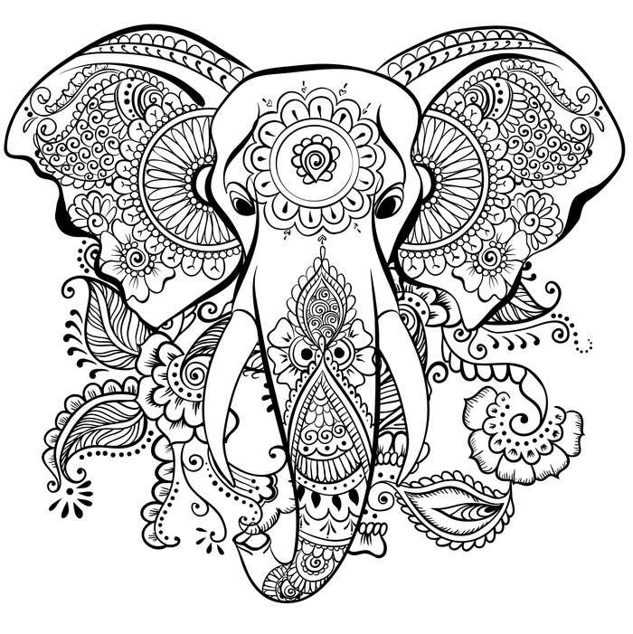 un dessin zen représentant un mandala éléphant aux motifs floraux symétriques 