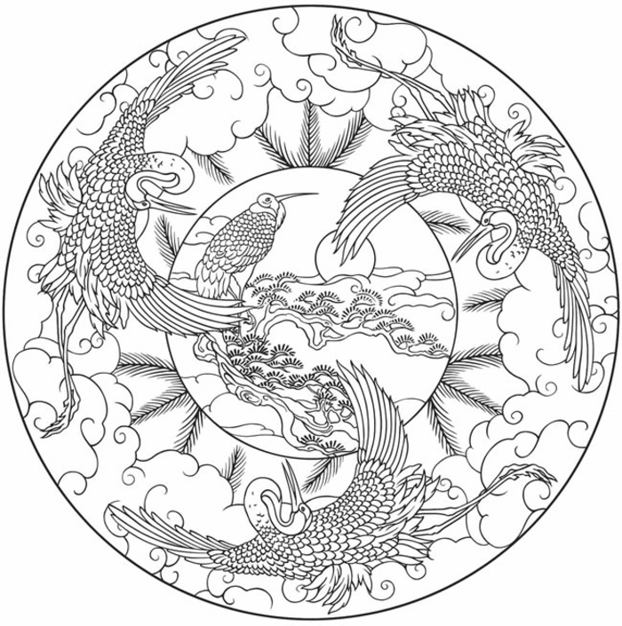 un dessin zen à colorer en forme de mandala à motifs grues 