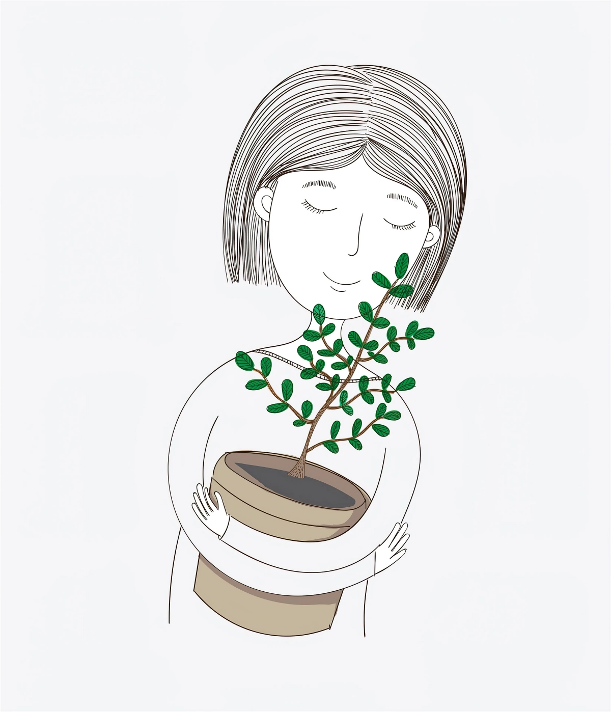 dessin facile a faire pour debutant plante verte arbre pot marron silhouette femme
