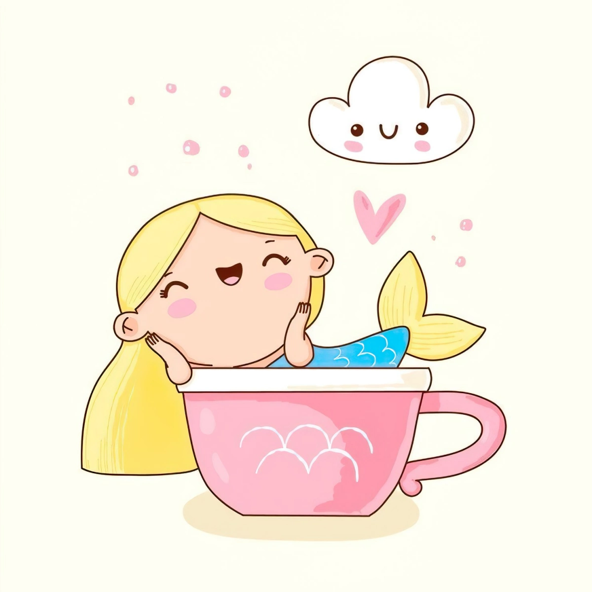 dessin kawaii fille tasse cafe rose sirene blonde cheveux sourire nuage coeur