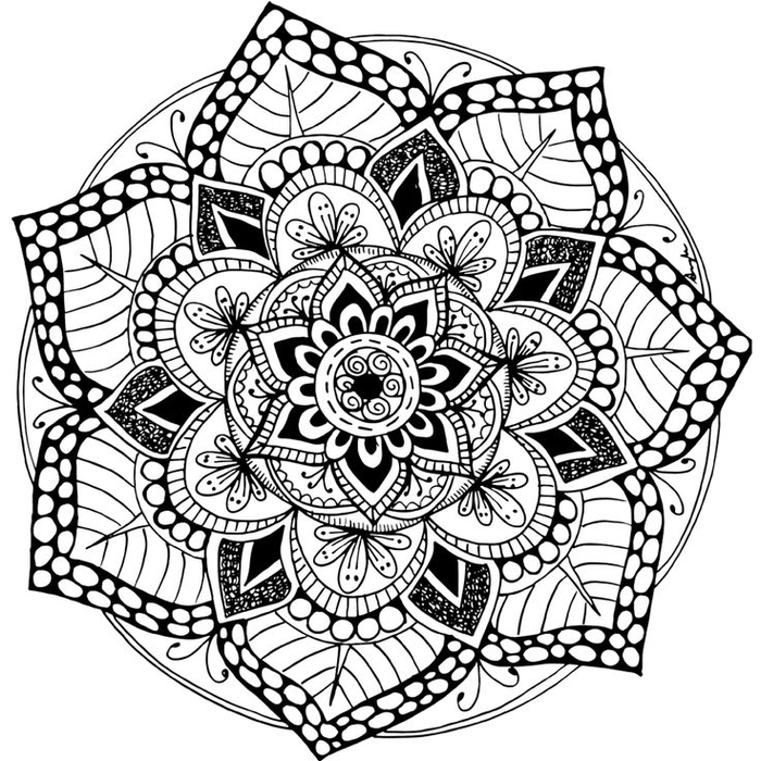 joli dessin de mandala à colorier à motif fleur géométrique, disposition symétrique des formes 