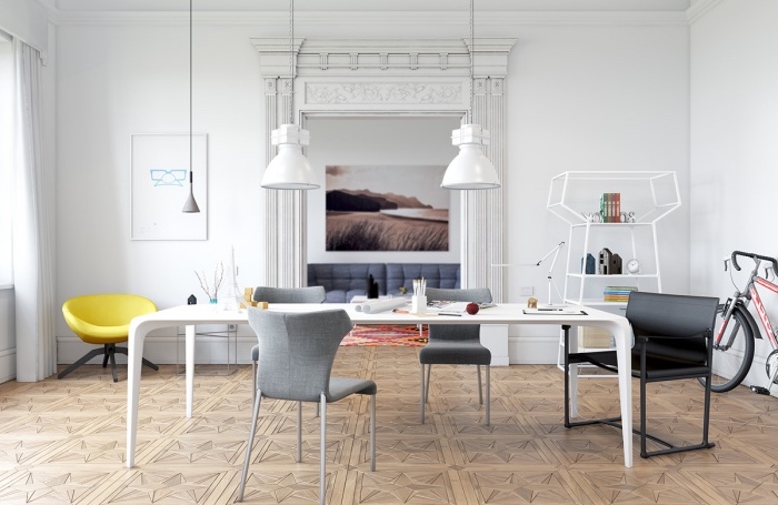 meubles scandinaves dans un salon, table blanche, chaises grises, suspensions blanches, fauteuil jaune et mur couleur blanche, étagère design originale, revêtement sol bois