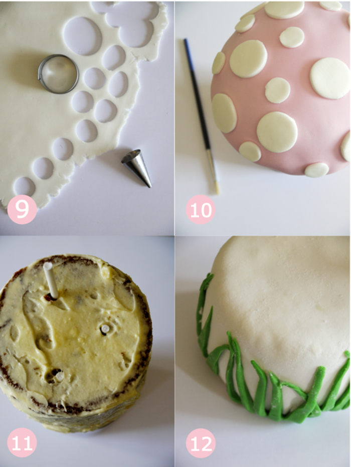 comment réaliser une décoration de gâteau en pâte à sucre, les étapes de réalisation d'un gateau enfant anniversaire design en forme de champignon