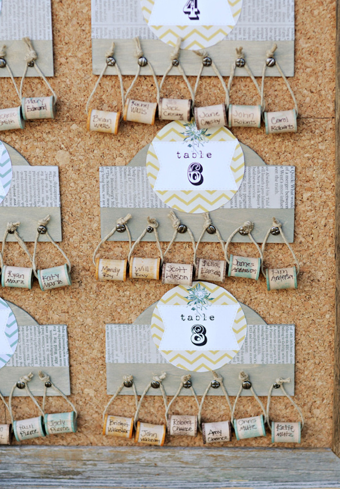 diy mariage plan de table créatif fabriqué à partir de papier et bouchons de liège avec les noms des invités