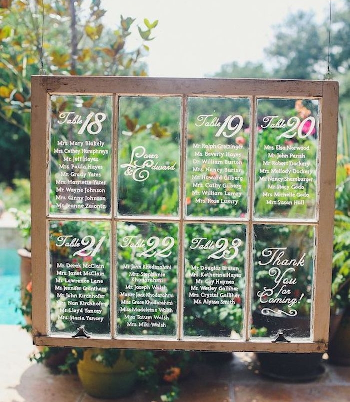 modele de diy mariage plan de table sur une vieille fenêtre en bois avec une liste des invités écrite sur les carreaux en verre
