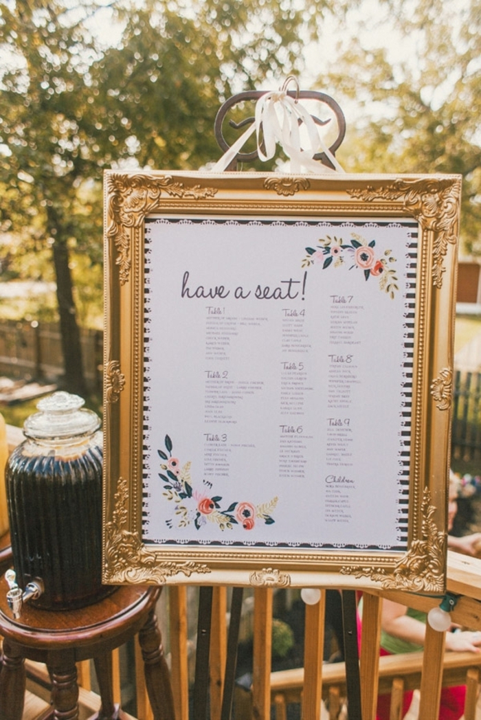 exemple de plan de table a imprimer simple et esthétique, liste dans un cadre doré pour un mariage en plein air