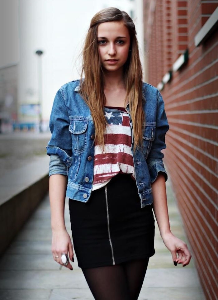 look hipster fille vintage tenue mode jupe veste en jean levis
