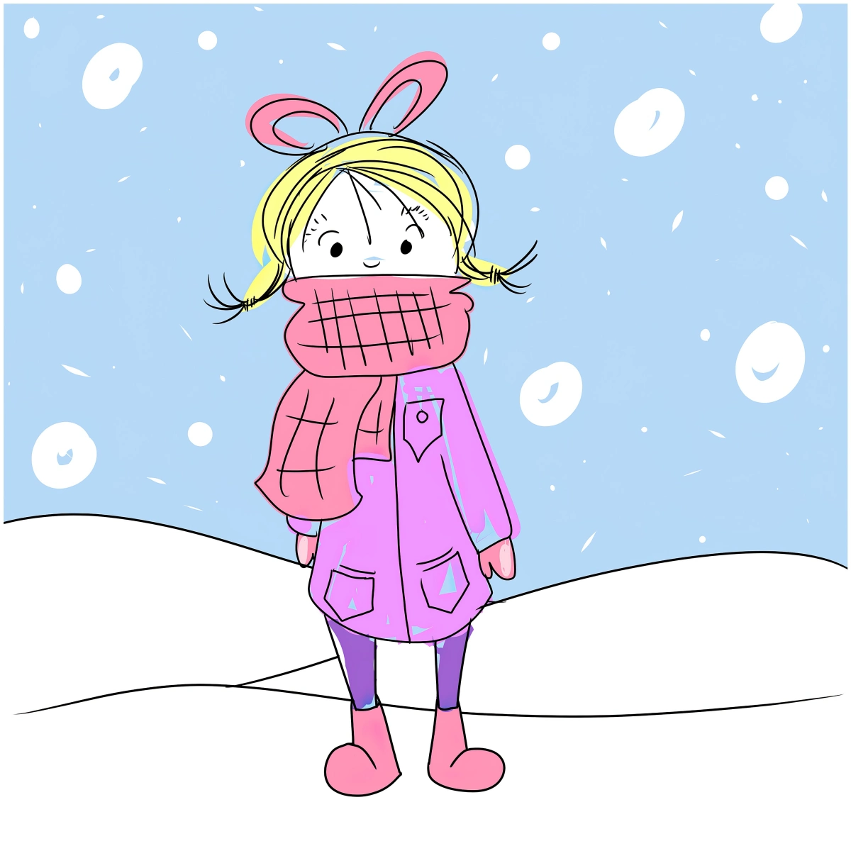 fille blonde echarpe rose manteau violet chaussures ciel bleu paysage neige