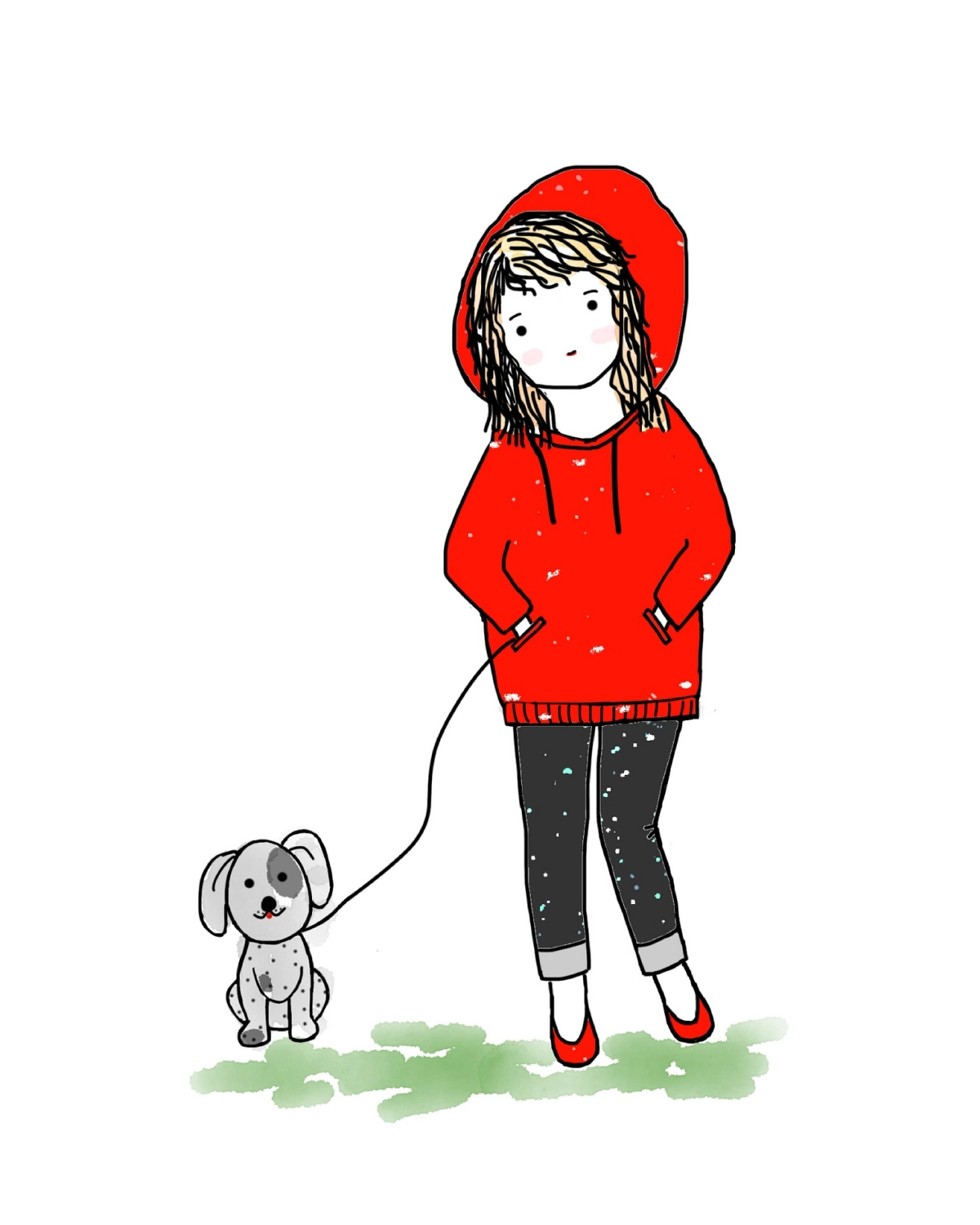 fille sweatshirt rouge promenade chien gazon vert chaussures rouges