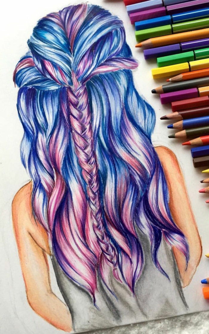 Cheveux colorés tresse cool idée dessin tumblr like fille dessin avec crayons couleurs