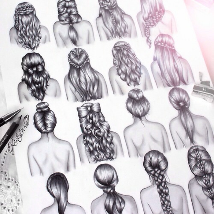 Comment dessiner cheveux dessin cheveux différentes coiffures cheveux ondulés dessin tresse et bun idée dessin fille