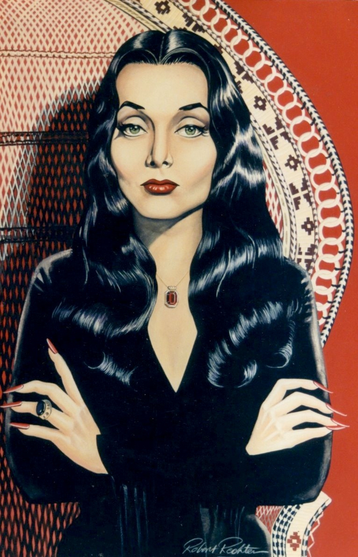 Image Morticia de la famille Addams dessin coloré joli belle femme gothique