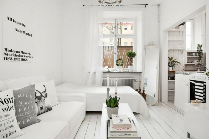 meubles scandinave dans un petit studio blanc, lit et canapé blanc, parquet clair, table basse blanche, façade cuisine blanche, plantes vertes, affiche citation noir et blanc