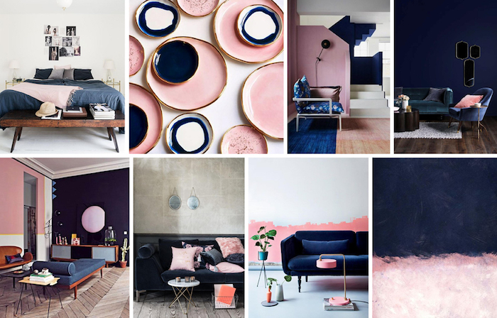 accessoires en rose pastel, idée comment décorer sa maison avec couleurs pastel, combination rose et bleu foncé dans l'intérieur