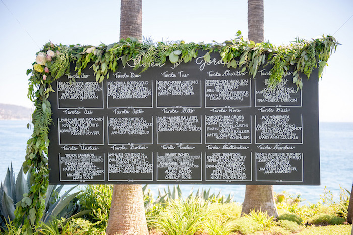 decoration mariage bord de mer exotique avec plan de table sur un tableau noir avec une liste invités écrit en blanc, guirlande florale décorative
