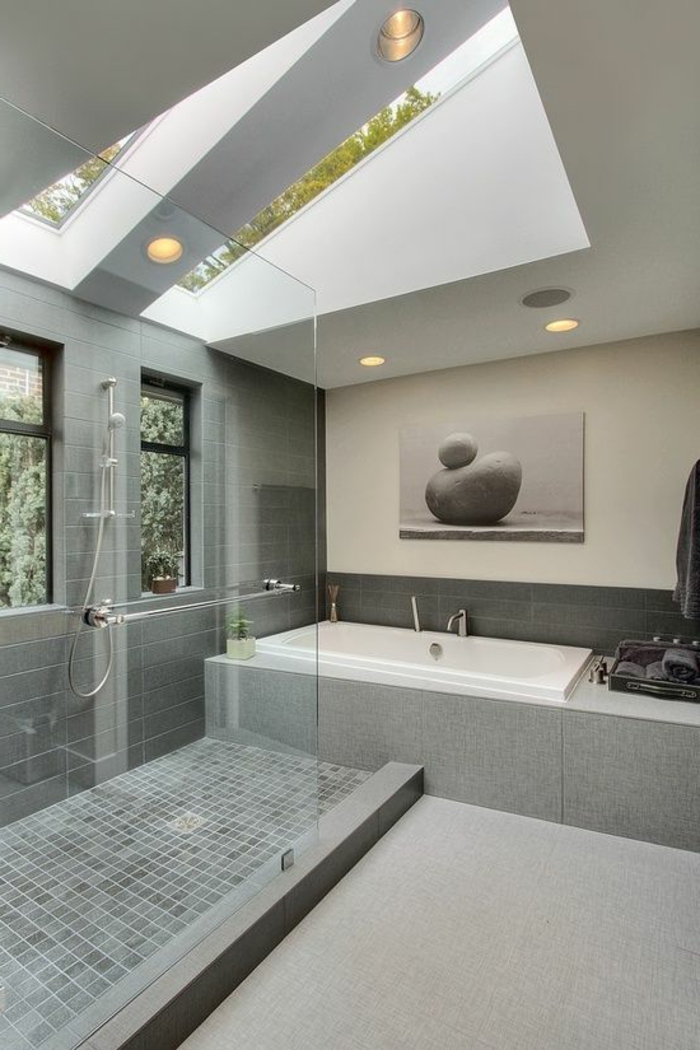 idee deco salle de bain nature, photographie zen, grande cabine de douche, puits de lumière au plafond
