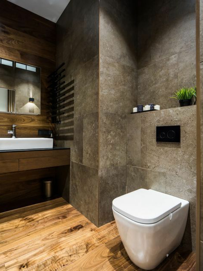 idee deco salle de bain nature, sol en planches, murs en carrelage gris-beige