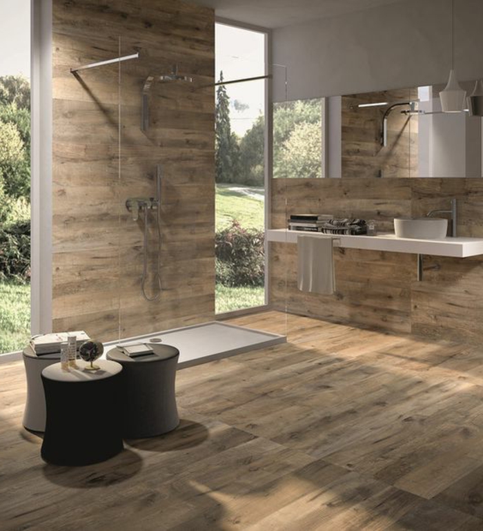 idee deco salle de bain à équipement minimaliste, revêtement bois, comptir minimaliste avec petite vasque ronde