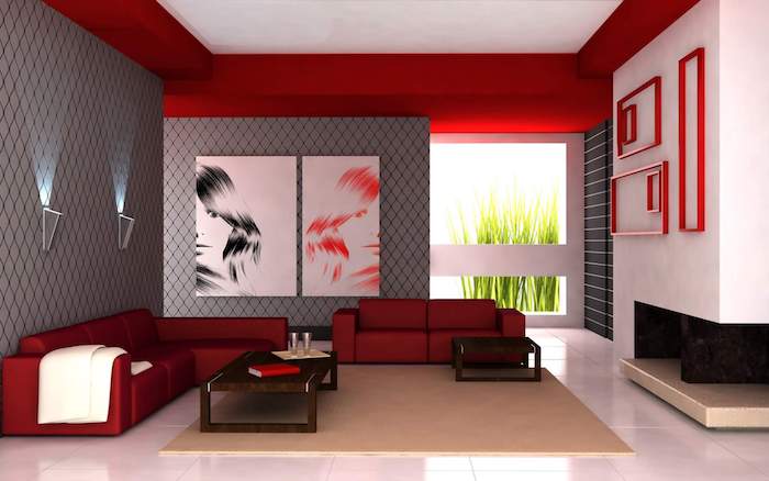 accord de couleurs, idée de mur gris, revêtement sol carrelage blanc, canapés rouges, tapis beige, deco murale portraits, mur de cadres vides rouges