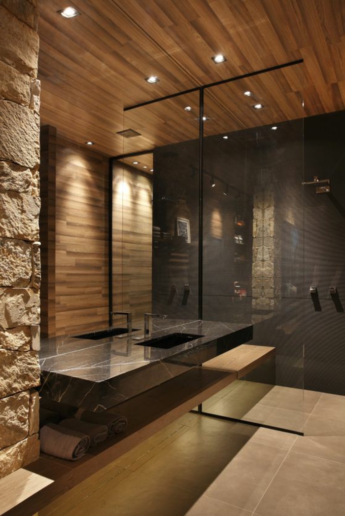 idee salle de bain bois, plafond en bois, comptoir en granit, cloison en verre
