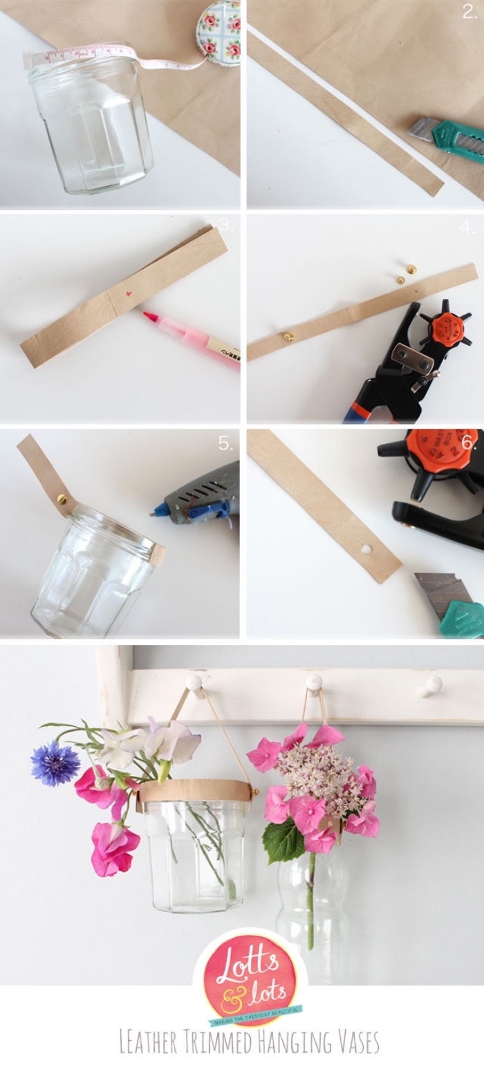 tutoriel pour créer une deco suspendue de vases de fleurs, suspension en cuir et pots de fleurs ou verres, astuce deco recup