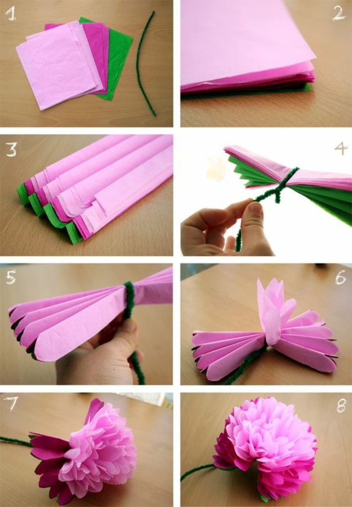 idée comment faire des fleur en papier de soie, tutoriel simple, recyclage papier, deco a faire soi meme recup