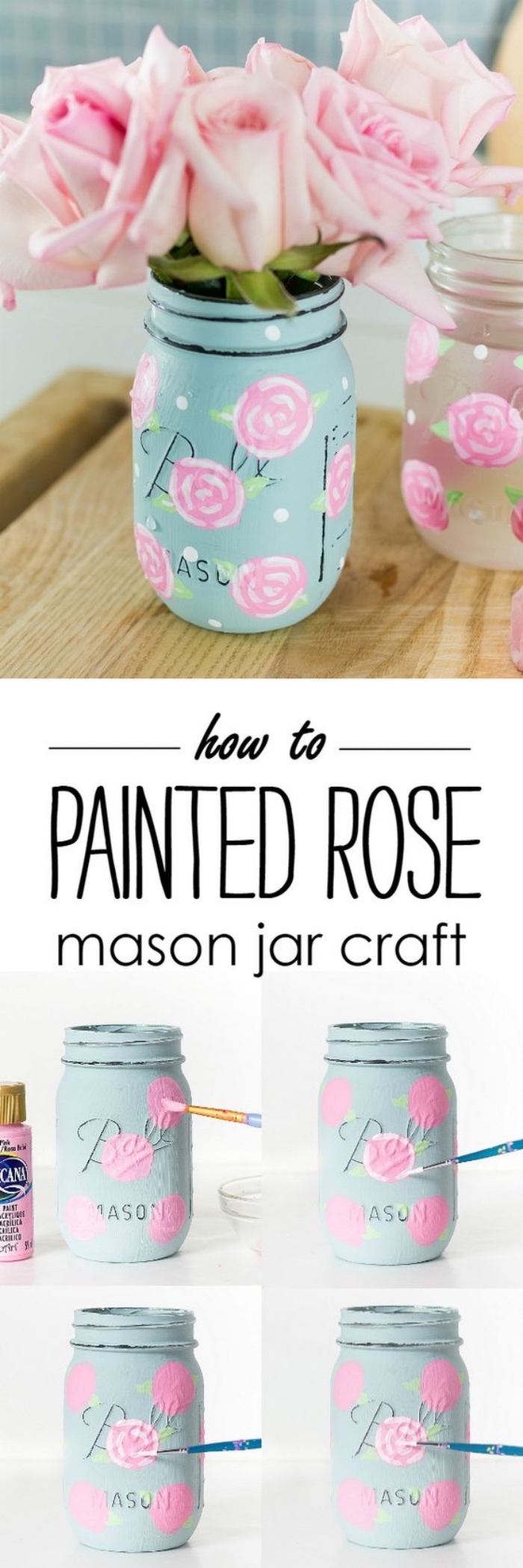 exemple de deco fait maison simple, un pot en verre, repeint de peinture bleu pastel et roses dessinés à la main, bouquet de roses